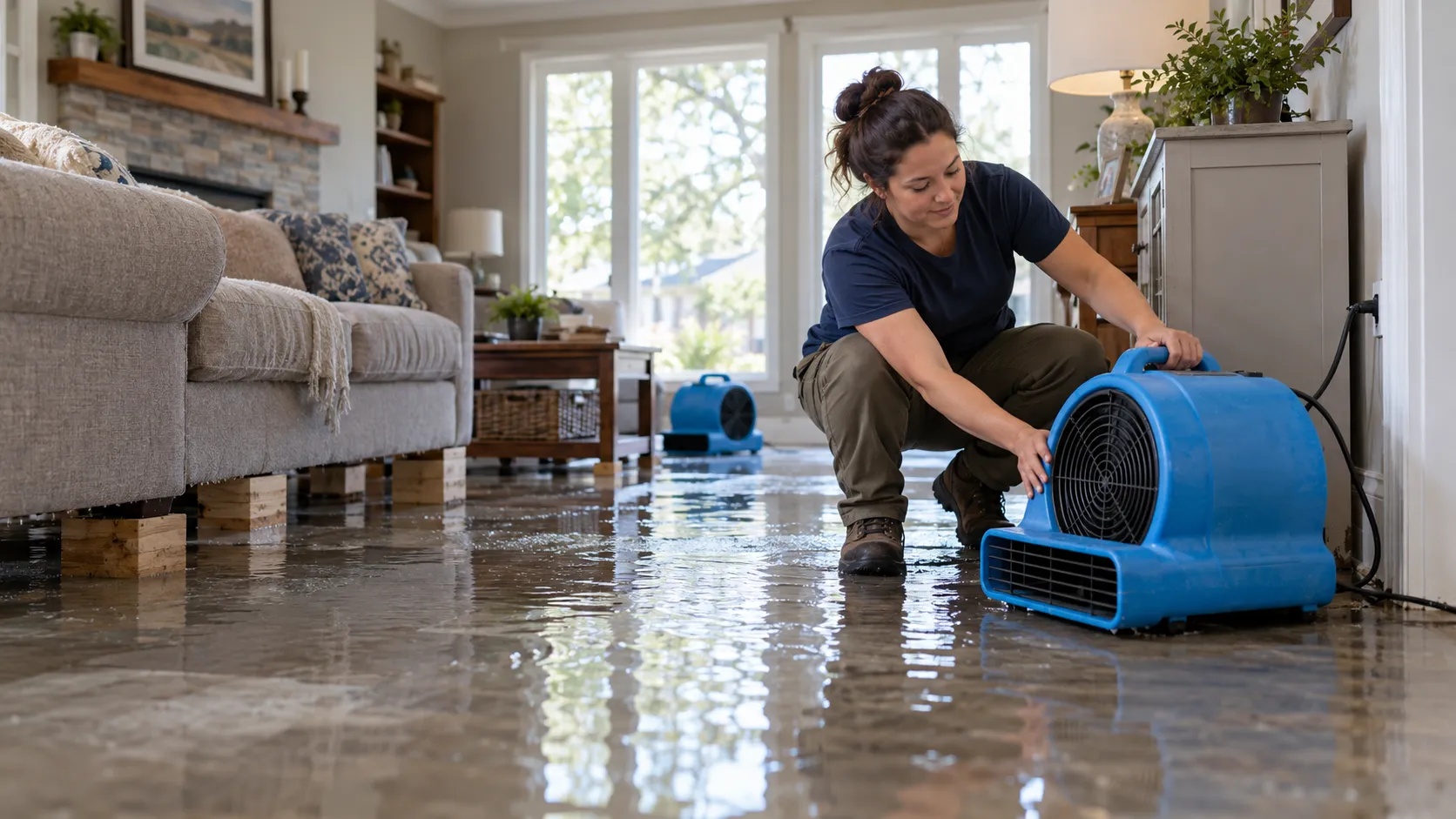 Water damage restoration technician drying a flooded living room in Baton Rouge